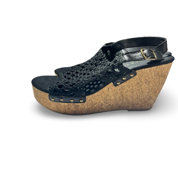 Chelsea & Violet Black Woven Wedge Sandals Size‎ 8.5M Cork Platform Shoes - Picture 2 of 4